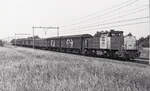 NS 6450 mit Zug 55501 (Arnhem G - Zevenaar) bei Westervoort, 05.06.1997, 13.39u. Der Nahgüterzug aus 11 Wagen führt Hbis Wagen (Talbot Bauart) der NS; der dritte Wagen ist wahrscheinlich ein Wagen der SNCF. Scan (Bild 12749, Ilford FP4).