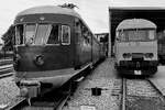Links im Bild der 1952 gebaute Triebzug 273 vom Typ Mat ’46 'M�usenase (Muizeneus)', daneben ein 1985 gebauter Doppelstocktriebzug(kopf) Bvk 6908 vom Typ DDM-1 'Tiger', umgangssprachlich auch 'Elefant (Olifant)' genannt. (Eisenbahnmuseum Utrech ...