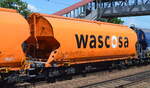 Drehgestell-Schüttgutwagen mit Schwenkdach und dosierbarer Schwerkraftentladung für Getreidetransporte vom Einsteller WASCOSA AG mit niederländischer Registrierung mit der Nr.