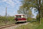 Schienenbus Nr. 25 der MBS, ehemals Kleinbahn Delmenhorst-Harpstedt, auf dem Weg nach Haaksbergen (24.04.2022)