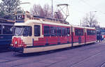 GVB 629 am Bf Amsterdam Amstel am 22.04.1989, Linie 12. Wagen in speziallackierung  Oostenrijkse School . Scanbild 4894, Agfachrome CT100.