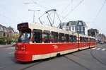 Niederlande / Straßenbahn (Tram) Den Haag: BN GTL8-I (Wagennummer 3073) von HTM Personenvervoer N.V., aufgenommen im April 2016 im Stadtbezirk Segbroek in Den Haag.