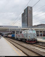 Railcare T TMZ 1405 und Grenland Rail 6449 durchfahren am 28. August 2019 mit einem Bauzug den Bahnhof Oslo S.