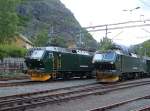 17 2228 mit 6-Wagenzug und  Sandwich-Lok  17 2231 sowie 17 2232 mit 6-Wagenzug und 17 2229 am Morgen des 14.06.2006 startbereit in Flam fr den tglichen Touristenansturm.
