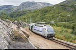 Vy El 18 2253 und 2255 mit einem Zug der Flåmbahn von Myrdal nach Flåm am 24. August 2019 zwischen den Stationen Vatnahalsen und Reinunga.