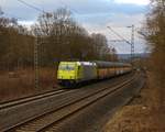 119 009-8 mit geschlossenen ARS-Autotransportwagen in Fahrtrichtung Süden. Aufgenommen am 03.03.2016 in Wehretal-Reichensachsen.