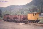 3 Erzwagen und eine  Norwegische Caboose  im Jahre 1988 in Meldal.