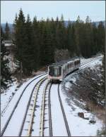 Eine U-Bahn auf Talfahrt -    Der dreiteilige Zug hat die Station Voksenkollen verlassen und rollt hier noch in freie Natur hinab gen Oslo.