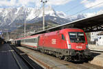 ÖBB 1116 272 mit dem wegen eines Streiks bei der DB erst ab Salzburg verkehrenden EC 113 nach Klagenfurt, Bischofshofen, 08.03.2024