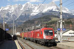 ÖBB Taurus-Doppel (führend 1016 032) mit Gütern in Bischofshofen, 08.03.2024