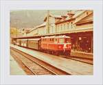 Im Archiv gefunden: ein Pixelhaufen, der andeutungsweise einen Zug der Bregenzer Waldbahn und das Bahnhofsgebäude von Bregenz zu zeigen versucht.