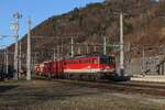 Am Nachmittag des 6.3.2026 fährt die 1142 698 mit einem gemischten Güterzug von Bruck an der Mur Fbf nach Leoben Donawitz hier im Bahnhof Bruck an der Mur.