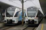 Begegnung von zwei Zügen der WESTbahn in Linz am 12.02.2014.