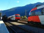 Im Bahnhof Spittal-Millstättersee trafen am 20.9.2015 drei Generationen von Nahverkehrszügen aufeinander.