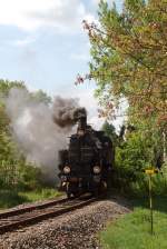 Der diesjhrige Sonderzug zum Oldtimertreffen in Ernstbrunn kurz nach der Abfahrt in Korneburg. Zu sehen ist die ehemalige Stadtbahnlokomotive 30.33. (05.05.2013)