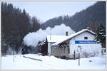 431.032 (ex ÖBB 93.1360) am 13.1.2019 mit ihrem Pn 59283 von Rokytnice n. Jizerou nach Turnov bei der Durchfahrt der Haltestelle Horní Sytová.