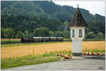 Die NBik Dampflok 93.1332 fährt für eine Englische Reisegruppe durch das wunderschöne  Görschitztal, fotografiert beim Selesenkreuz nahe Brückl. 26.07.2019