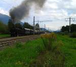 93.1332 mit SR 14838 (Spittal-Millstättersee - Lienz) am 19.9.2015 bei der Abfahrt in Oberdrauburg.