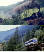 Bilder von der ÖBB einst und jetzt: Oben überquert eine 97 mit einem Erzleerzug im Juni 1974 den Vordernbergbachviadukt, unten wurde 4030 229-1 im August 1997 an der gleichen Stelle aufgenommen. Auch hier handelt es sich im engeren Sinne um einen  Vorgestern und Gestern -Vergleich, da heute nur noch die 5081 des Vereins Erzbergbahn hier verkehren.