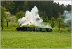 Dampffrhling bei der Ybbstalbahn-Bergstrecke: Uv.I qualmt durch die Streuobstwiese bei Pfaffenschlag, 23. 5. 2010 