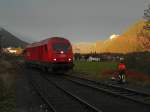 Während das Vilstal am 11.11.2014 noch im morgendlichen Schatten liegt, setzt im Bahnhof Vils 2016 041 um, damit sie mit dem zuvor zusammengestellten Güterzug in Richtung Reutte in Tirol