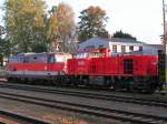 2043 063-3 und 2070 076-1 vor einem Rundholzzug am Bhf.