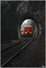 2043 005 bei der Abschiedfahrt von Linz nach Spitz auf der Donauuferbahn, hier bei der Durchfahrt des 12m langen Teufelsmauer-Tunnels nahe Spitz.