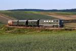 2050.04 war am 24.05.2012 mit einem Sonderzug von Wien Praterstern nach Ernstbrunn und retour auf der Landesbahn unterwegs. Das Foto entstand am Abend bei der Rckfahrt kurz vor Wrnitz-Hetzmannsdorf.