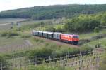 2050 009 mit der am Zugschlussbefindlichen 2043 053 als R 16973 von Drosendorf nach Retz. Hier zum Sehen kurz vor dem Endbahnhof Retz in den Weinbergern; am 04.05.2014