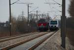 Eine kleine Wettfahrt lieferten sich 2143 052 und 4020 228 am 14.03.2009 zwischen Bisamberg und Korneuburg.