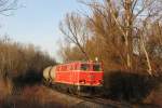 Fast schon kitschig: die blutorange 2143.35 fhrt im Abendlicht des 24.01.2008 mit dem lpendler 68217 von Stadlau zum lhafen Lobau.