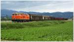 Die Blutorange 2143.035 rollt mit dem Leerzug 63519 (Pöls - Zeltweg) durch das Aichfeld. Im Hintergrund der Förderturm der ehem. Kohlegrube Fohnsdorf.  
17_6_2014