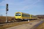 Raaberbahn/GySEV 5047 502 und 5147 511/512 fahren gemeinsam als R7711 von Wiener Neustadt Hbf nach Sopron. Loipersbach-Schattendorf, 07.02.2011