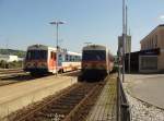 Bahnhofsgeschehen in Mattersburg, auf der einspurigen Mattersburger Bahn treffen sich die Triebzge aus Neckenmarkt/Horitschon kommend in Richtung Wiener Neustadt und umgekehrt, August 2010