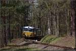 Im April war der goldene Schienenbus an Wochenenden zwischen Retz und Drosendorf unterwegs. Hier der Zug ist der Zug beim Verlassen eines Waldstücks kurz nach Geras in Fahrtrichtung Retz. (15.04.2018)