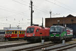 Da prallen Welten aufeinander: ET 10.104 (A-PBV 94 81 4142 104-0, ex MBS – Montafonerbahn), ÖBB 1016.043 und ELL 193 230 stehen am 24.02.2023 traut vereint nebeneinander am Güterbahnhof Wolfurt.