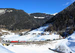 Top and tailed with Taurus locomotives, RoLa train 53446 passes Sankt Jodok whilst making it`s way from Brennero to Worgl, 9 Feb 2017
