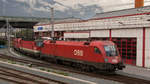 Lokdepot Innsbruck am 1. Juni 2018. 1016 045-7 und 1144 231-8 stehen abgestellt vor einer unbekannt gebliebenen 1016 oder 1116. 