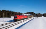 1116 190 und 1016 026 fahren mit einem gemischten Güterzug bei Grabenstätt in Richtung München, aufgenommen am 8. Februar 2019.