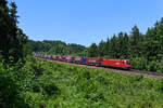 Im Waldstück zwischen Grafing und Aßling konnte ich am 18. Juni 2021 den DGS 42175 von Wuppertal nach Sommacampagna fotografieren. Dieser Zug ist einheitlich mit Aufliegern und Wechselbrücken der Spedition Winner beladen. Etliche Jahre oblag die Beförderung dieser Leistung dem EVU Lokomotion. Im Herbst 2020 gewannen jedoch die ÖBB den Auftrag und übernahmen die Verbindung. Bespannt war der komplett beladene KLV-Zug mit der 1016.033, die zum Aufnahmezeitpunkt schon fast ihrer Wortmarke an der Front verlustig gegangen war. 
