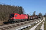 1016 008 mit einem gemischten Güterzug aus Salzburg kommend am 9. Februar 2023 bei Sossau im Chiemgau.