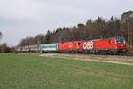 Taurus 1016 017 + Vectron 1293 033 wieder zum Vergleich. Es folgt ein Militär Mannschaftswagen und Garagen am 3.3.2026 bei Eglharting.