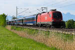 1016 032 ÖBB mit Nightjet Wagen am 5 Mai 26 bei Ostermünchen.