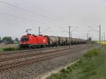 Die 1016 020 mit einem Kesselwagenzug am 28.04.2011 unterwegs bei Hebertshausen. 