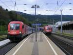 Die gerade Ankommende 1116 195 mit EC 103 neben der 1016 025 in Leoben am 22.04.2014