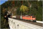 Sicher das Highlight des gestrigen Tages, war die 1042 013 mit dem Gterzug 91802 auf dem Krausel Klause Viadukt nahe Breitenstein. 22.10.2010