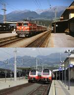 Noch einmal ein Vergleichsbild aus dem Bahnhof Spittal-Millstättersee: Oben ist die 1043 004-9 in der zweiten Hälfte der 1990er Jahre mit einem Regionalzug aus Lienz angekommen. Die 1043 waren die ersten mit Thyristorsteuerung ausgerüsteten Lokomotiven der ÖBB. Sie wurden zwischen 1971 und 1974 bei ASEA/Schweden bestellt und standen bis 2001 vorwiegend in Kärnten im Dienst. Auf der unteren Aufnahme vom 27.08.2022 treffen sich zwei Züge der S 1, links der 4746 539 von Lienz nach Friesach, rechts der 4746 543 in umgekehrter Richtung. Diese Vergleichsaufnahme war übrigens ein  Zufallstreffer : Eigentlich mache ich solche Bilder mit Hilfe mitgebrachter  alter  Aufnahmen, in diesem Fall fand ich das passende Bild zufällig in meinem Archiv.