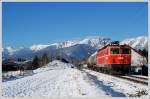 1044 119 mit dem letzten von vier Verschubgterzgen (76634)zwischen Leoben-Trofaiach-Leoben am 27.11.2008 bei Verschubarbeiten im Bahnhof Trofaiach. Im Hintergrund sind die schn verschneiten Eisenerzer Alpen zu sehen.