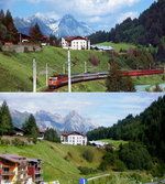 Bilder von der ÖBB einst und jetzt: Oben nähern sich im Juni 2000 zwei Lokomotiven der Reihe 1044 mit einem Schnellzug St. Anton am Arlberg, einige Monate später wurde die neue Streckenführung durch einen Tunnel auf der südlichen Hangseite in Betrieb genommen und dieser Streckenabschnitt stillgelegt. Auf dem unteren Bild vom August 2010 erinnert kaum noch etwas an die Bahn.