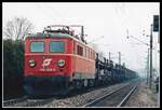 1110 009 fährt mit einem langen Güterzug in Bruck/Mur Abzweigung Stadtwald am 1.03.1995 durchs Murtal.